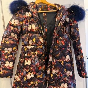Lisa-Rella butterfly design Multicolor Floral down Puffer Jacket with blue fur